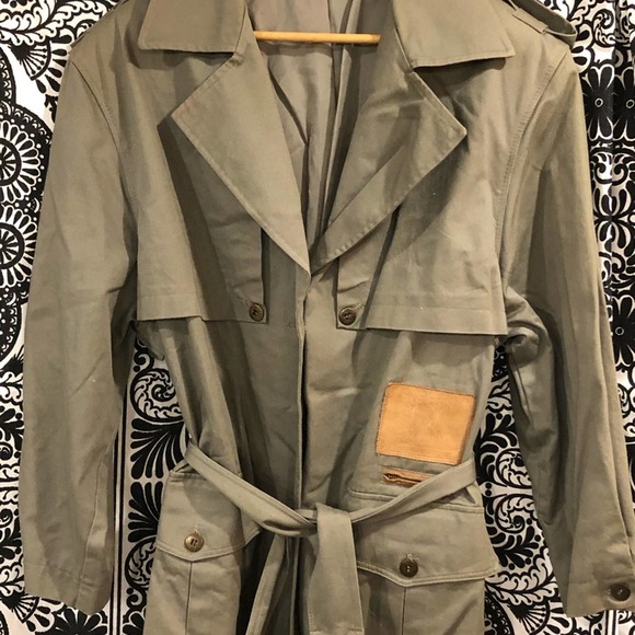 TOGETHER Women’s 16 Vintage Military Style Trench Coat Fatigue Green & Leather - Picture 4 of 9